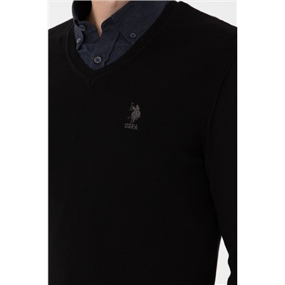 Erkek Slim Fit V Yaka Siyah Basic Kazak