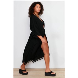 Siyah Etek Ucu Püsküllü Viskon Plaj Giyim Dokuma Büyük Beden Kimono&Kaftan TBBSS24DE00002