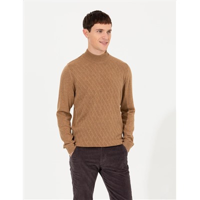 Camel Melanj Slim Fit Yarım Balıkçı Yaka Triko Kazak