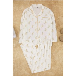 Çok Renkli Çiçek Desenli Biyeli Gömlek Yaka Dokulu Örme Pijama Takımı TBBAW26AI00039