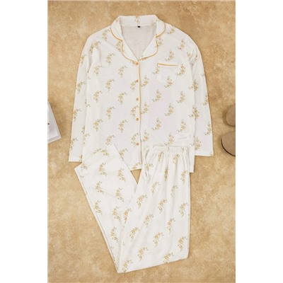 Çok Renkli Çiçek Desenli Biyeli Gömlek Yaka Dokulu Örme Pijama Takımı TBBAW26AI00039
