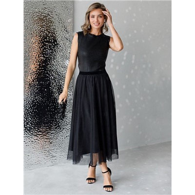 Юбка миди вечерняя на резинке из матового сатина с мягкой сеткой