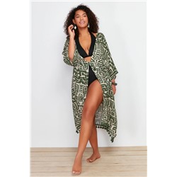 Çok Renkli Etek Ucu Püsküllü Yarasa Kol Viskon Plaj Giyim Büyük Beden Kimono&Kaftan TBBSS24DE00005