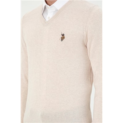 Erkek Slim Fit V Yaka Krem Melanj Basic Kazak