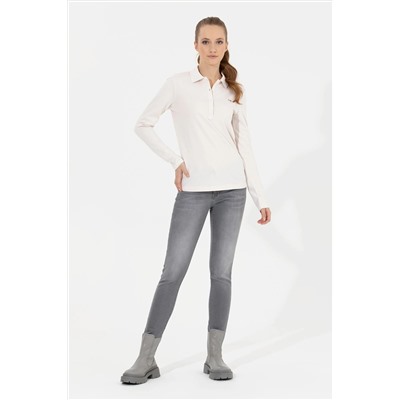 Kadın Ekru Basic Polo Yaka Sweatshirt