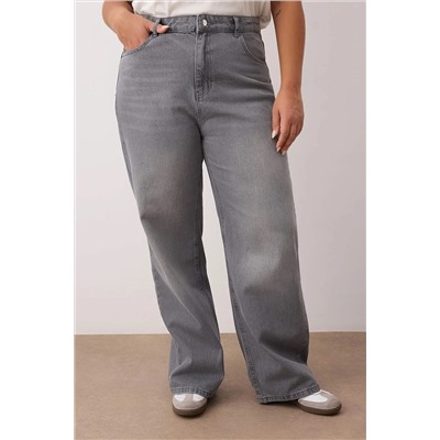 Gri Yüksek Bel Geniş Paça Büyük Beden Wide Leg Jeans TBBSS24CJ00050