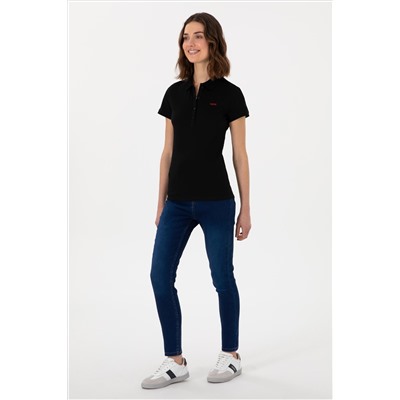Kadın Siyah Basic Polo Yaka Tişört