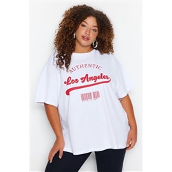 Beyaz Geniş Kalıp Bisiklet Yaka Baskılı %100 Pamuk Örme T-shirt TBBSS23AH00131