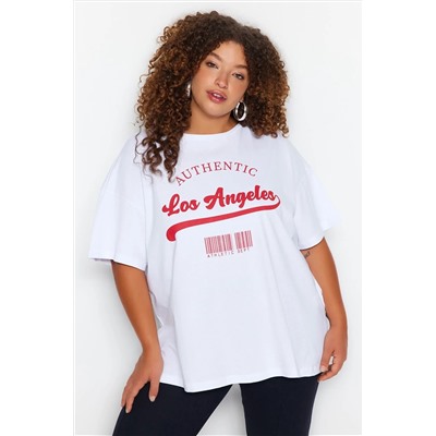 Beyaz Geniş Kalıp Bisiklet Yaka Baskılı %100 Pamuk Örme T-shirt TBBSS23AH00131