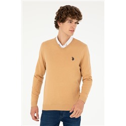 Erkek Slim Fit V Yaka Camel Melanj Basic Kazak