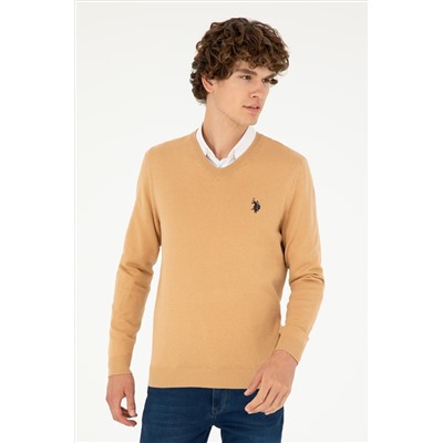 Erkek Slim Fit V Yaka Camel Melanj Basic Kazak