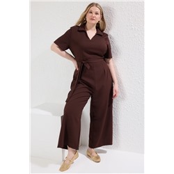 Trendyol Curve Kahverengi V Yaka Kruvaze Büyük Beden Dokuma Tulum TBBSS25BG00008