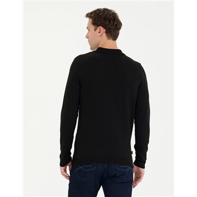 Siyah Slim Fit Polo Yaka Basic Triko Kazak