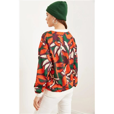 Olalook Kadın Turuncu Yeşil Basic Yumuşak Dokulu Salaş Sweatshirt SWT-19000457