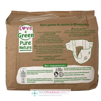 Love&Green Pure Nature - Couches Écologiques Non Blanchies - Taille 5 - 11 à 25kg - 33 couches
