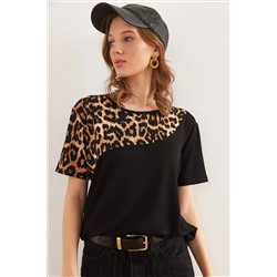 Olalook, Kadın Siyah Yaka Leopar Detaylı Örme Viskon Tişört TSH-19000836