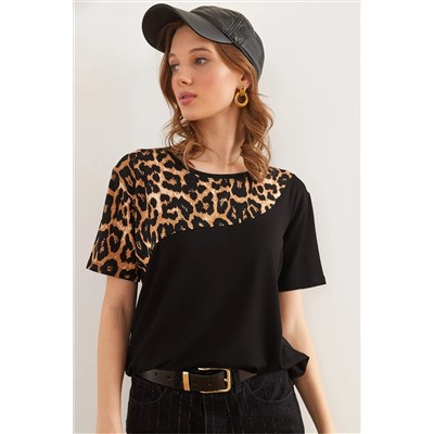 Olalook, Kadın Siyah Yaka Leopar Detaylı Örme Viskon Tişört TSH-19000836