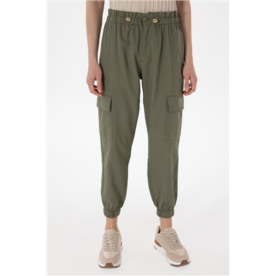 Kadın Koyu Haki Jogger Fit Kanvas Pantolon