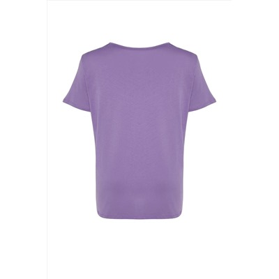 Lila Yaka Detaylı Boyfriend Fit %100 Pamuk Örme Büyük Beden T-Shirt TBBSS22TS1027