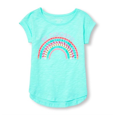 Girls Short Rolled Sleeve Embellished Graphic Hi-Low Top