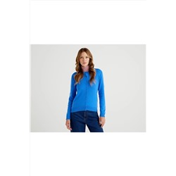 United Colors of Benetton Benetton Kadın Çivit Mavi Bisiklet Yaka Merino Hırka 122A1002D5485-08A