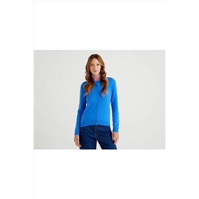 United Colors of Benetton Benetton Kadın Çivit Mavi Bisiklet Yaka Merino Hırka 122A1002D5485-08A