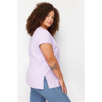 Lila V Yaka Yırtmaçlı Basic Örme T-Shirt TBBSS22BF0036