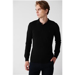 Siyah 3 Düğmeli Polo Yaka Regular Fit Standart Kesim Triko Kazak