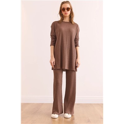 Olalook Kadın Vizon Üst Yırtmaçlı Bluz Alt Palazzo Fitilli Takım TKM-19000180