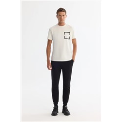 Ekru Bisiklet Yaka Baskılı Elastan T-Shirt