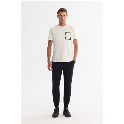 Ekru Bisiklet Yaka Baskılı Elastan T-Shirt