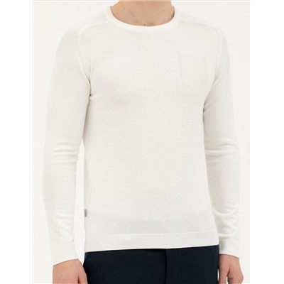 Ekru Slim Fit Bisiklet Yaka Triko Kazak