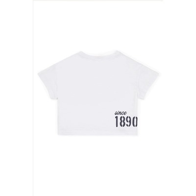 Kız Çocuk Beyaz Bisiklet Yaka Crop Tişört