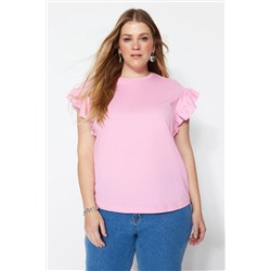 Pembe Bisiklet Yaka Kolları Fırfırlı %100 Pamuk Örme T-Shirt TBBSS23BF00006