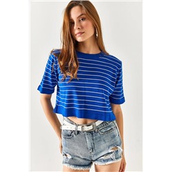 Olalook Kadın Saks Mavi Bisiklet Yaka Çizgili Crop Triko Bluz BLZ-19002353