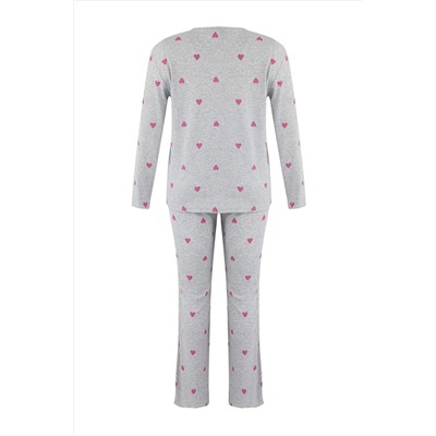 Gri Melanj Kalpli Slogan Baskılı Lastikli Örme Pijama Takımı TBBAW26AI00020