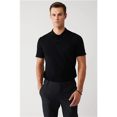 Avva Erkek Siyah Pamuklu Polo Yaka Standart Fit Normal Kesim Ince Triko T-shirt E005012