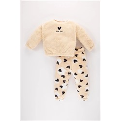 Defacto Kız Bebek Kalp Desenli Pelüş Sweatshirt Eşofman Altı 2'li Takım B3133A523AU