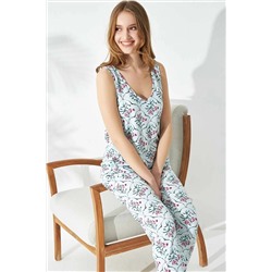 Siyah İnci Yeşil Sarmaşık Desenli V Yakalı Örme Pijama Takımı 7650