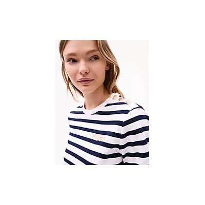 Gold Button Stripe Crewneck T-Shirt