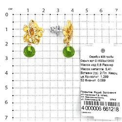 Серьги-пусеты из серебра с кварцем хризолит, фианитами и позолотой 925 пробы С-3523рз10600