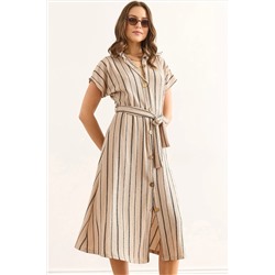 Olalook, Kadın Taş Kuşaklı Çizgili Mini Gömlek Elbise ELB-19002450