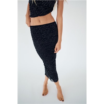 LACE MIDI SKIRT WITH RHINESTONES