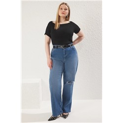 Siyah Fitted Kayık Yaka Fitilli Kaşkorse Örme Büyük Beden Bluz TBBSS25AF00047