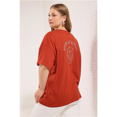 Kiremit %100 Pamuk Sırt Baskılı Rahat Kesim Bisiklet Yaka Örme T-Shirt TBBSS24BF00025