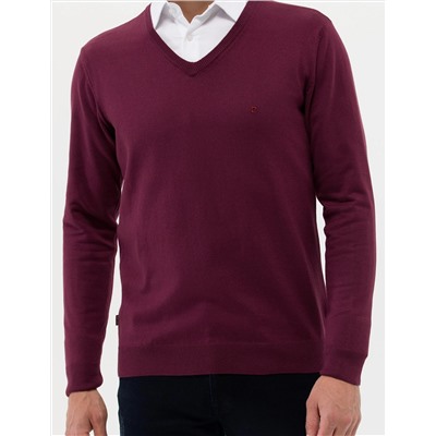 Bordo Slim Fit V Yaka Basic Triko Kazak