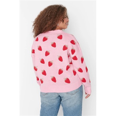 Pembe Çilek Desenli V Yaka Crop Triko Hırka TBBAW23AV00028