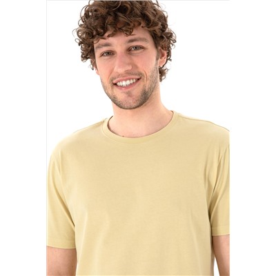 Erkek Regular Fit Bisiklet Yaka Açık Haki Basic Tişört