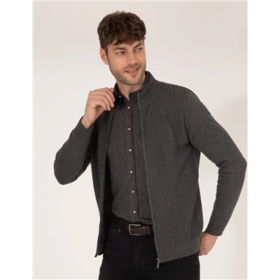 Gri Melanj Slim Fit Triko Hırka