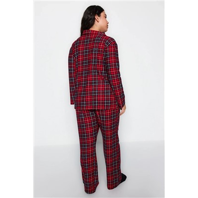 Kırmızı Ekoseli Gömlek Yaka Yumuşak Tuşe Örme Pijama Takımı TBBAW24AI00033